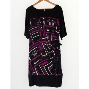 R&K Black & Purple Geometric Print Short Sleeve Stretch Knit Faux Wrap Dress 1X